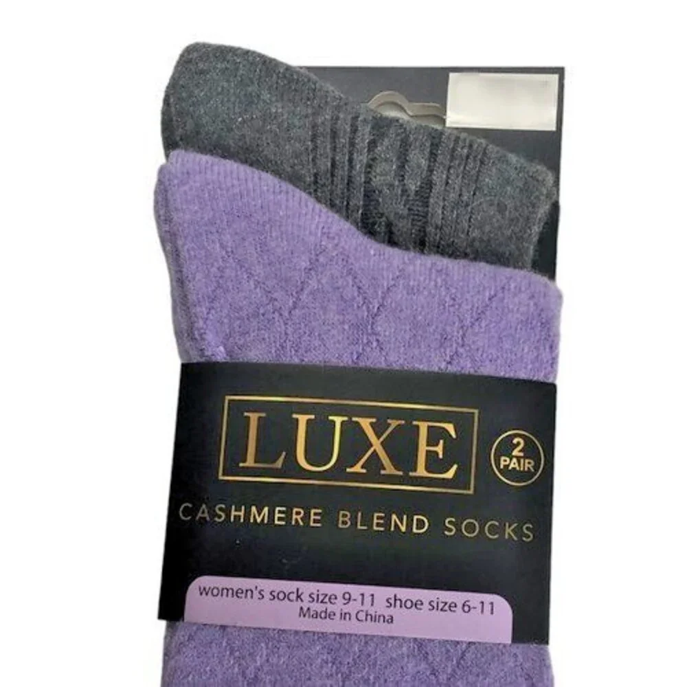 Luxe Cashmere Wool Blend Ladies Socks Diamond Pattern Purple Cable Gray 2 Pair